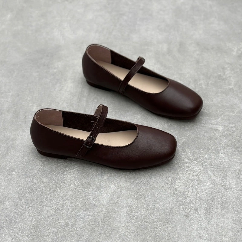 Reinforced toe cap Forest 2024 Spring Handmade Leather Round Toe Maryjane Flat Shoes