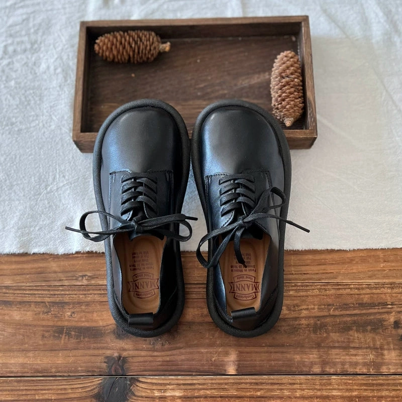 Odor Control Technology Women Retro Leather Soft Thick Sole Round Toe Lace-Up Shoes