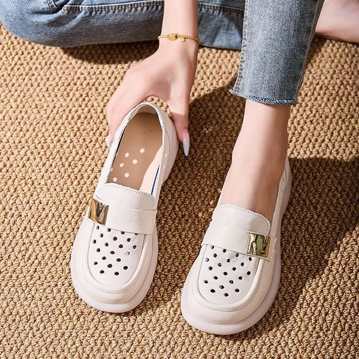 Women Summer Genuine Leather Hollow Soft Sole Slip-On Shoes least adjustable