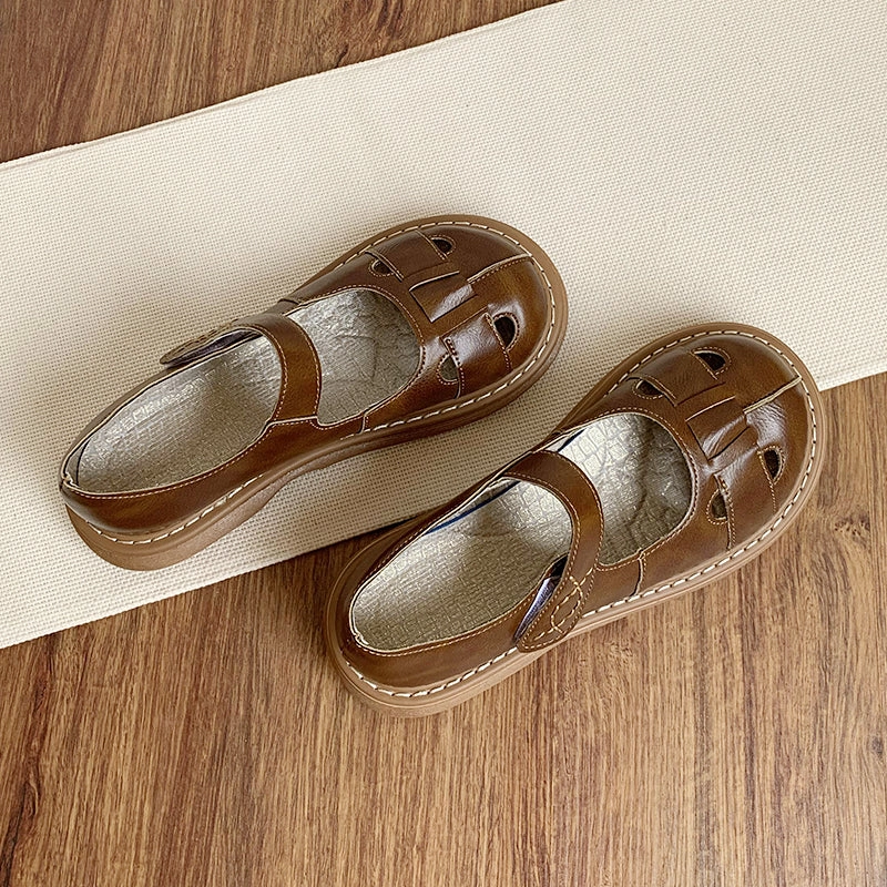 Bold Style Hydraulic Heel Suspension Spring Retro Soft Sole Round Toe Leather Sandals for Women