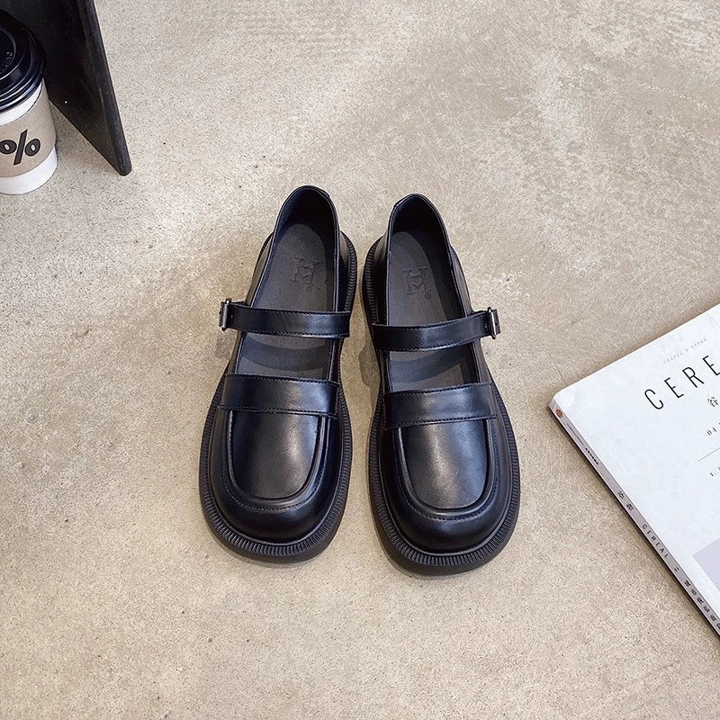 Retro Leather Soft Flat Sole One Straped Loafer Shoes thickest students - specific features
