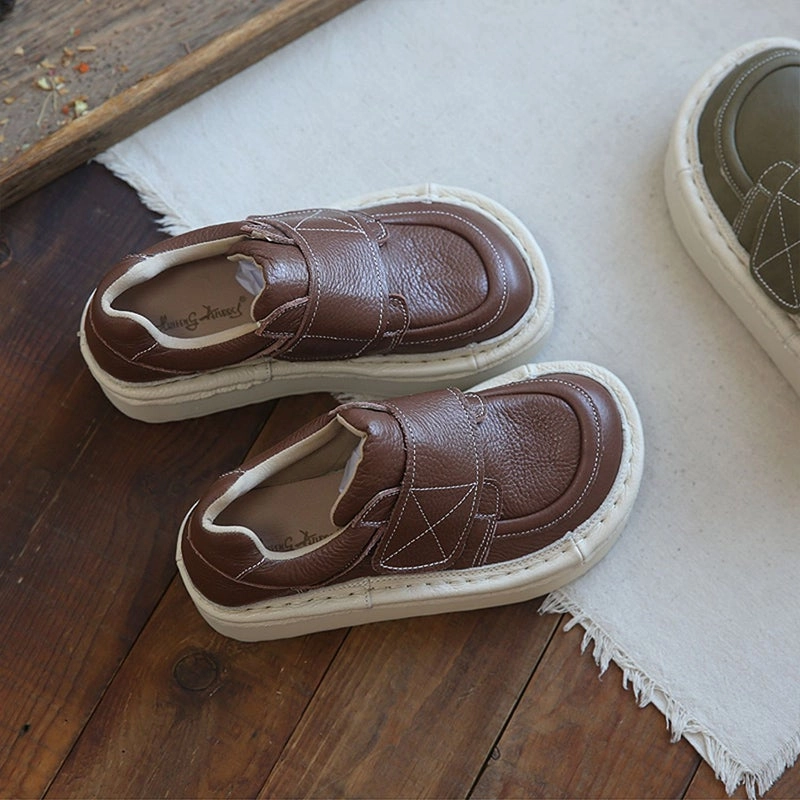 Retro Round Head Women Leather Velcro Casual Shoes park