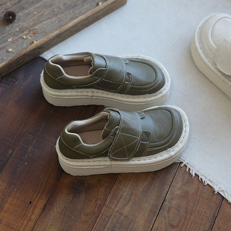 Retro Round Head Women Leather Velcro Casual Shoes Small