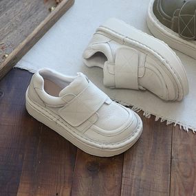 Retro Round Head Women Leather Velcro Casual Shoes Traction