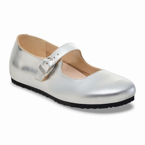 Power Soft Birkenstock Santa Clarita Mary Jane Flat (Women) - Silver Leather