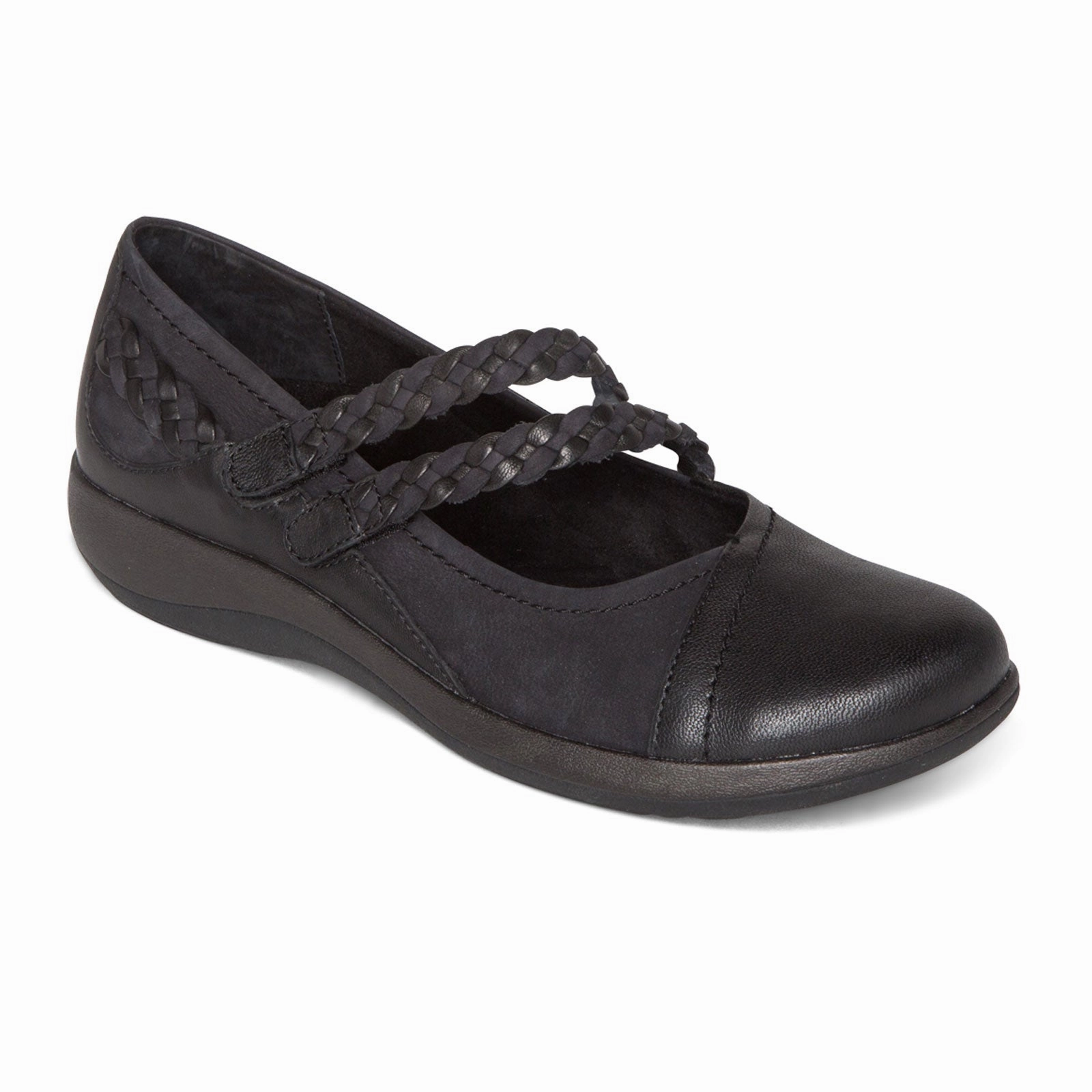 Aetrex Annie Mary Jane (Women) - Black Leather Ribbed-Texture