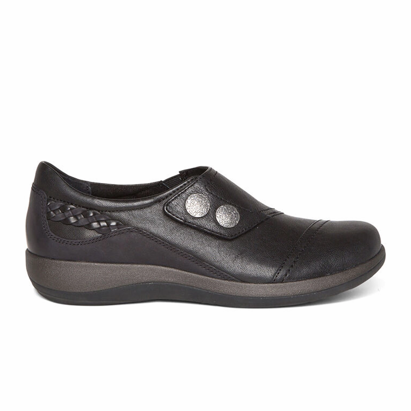 Aetrex Karina Slip On (Women) - Black Leather Fitted Neat