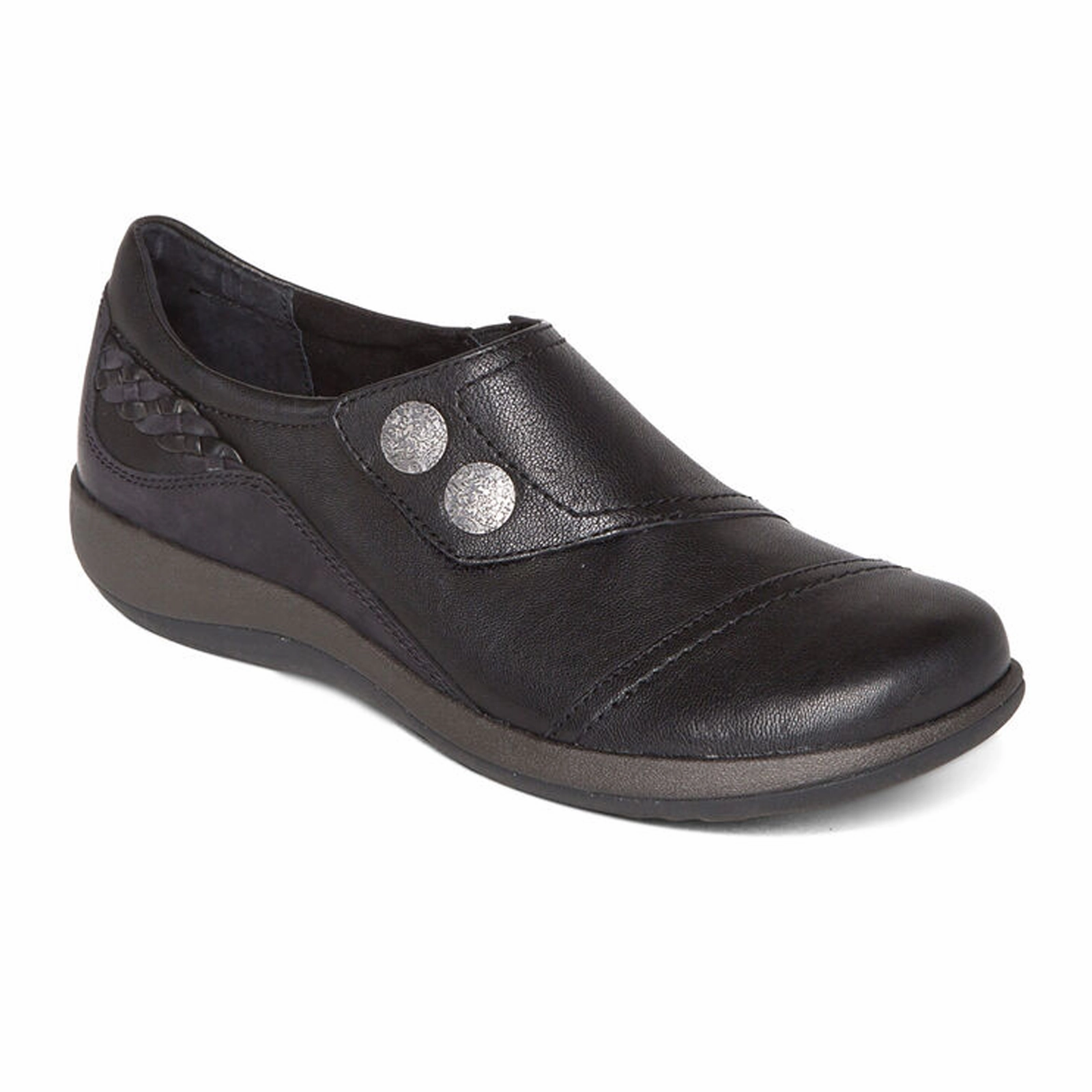 Aetrex Karina Slip On (Women) - Black Leather Sleek Waistband