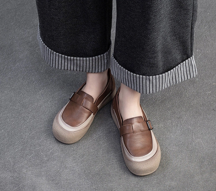 Women Spring Vintage Genuine Leather Flat Slip-On Shoes zip - closure