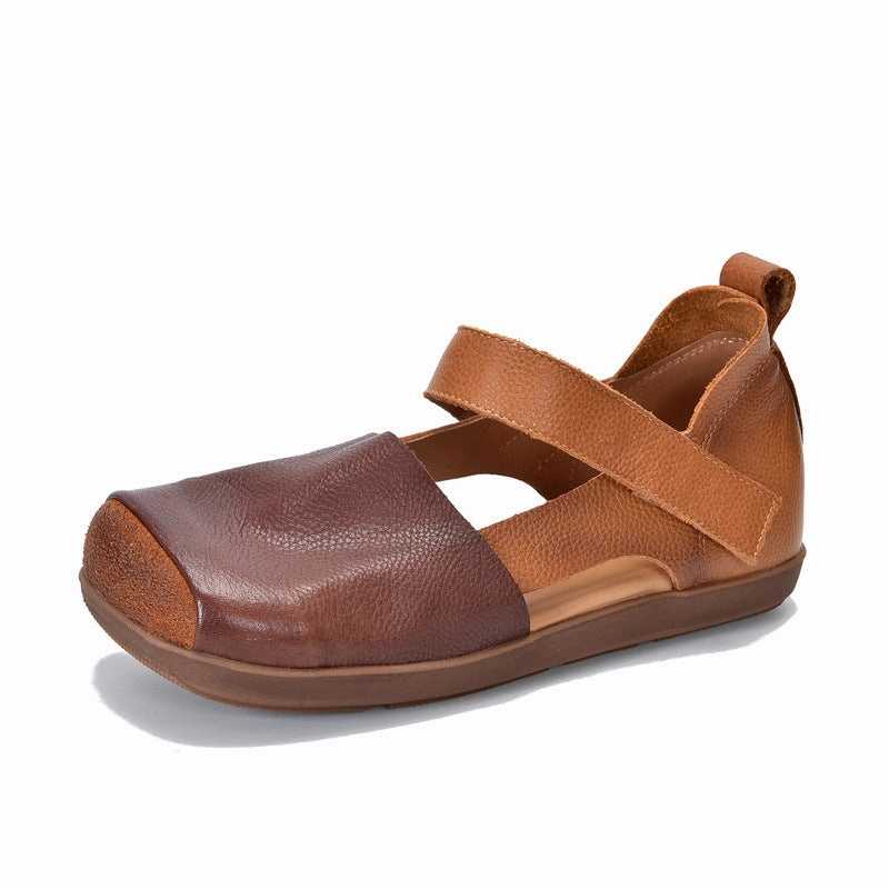 Flexible Grooves Cushioning Layer Vintage Leather Closed Toe Patchwork Soft Flat Sole Sandals