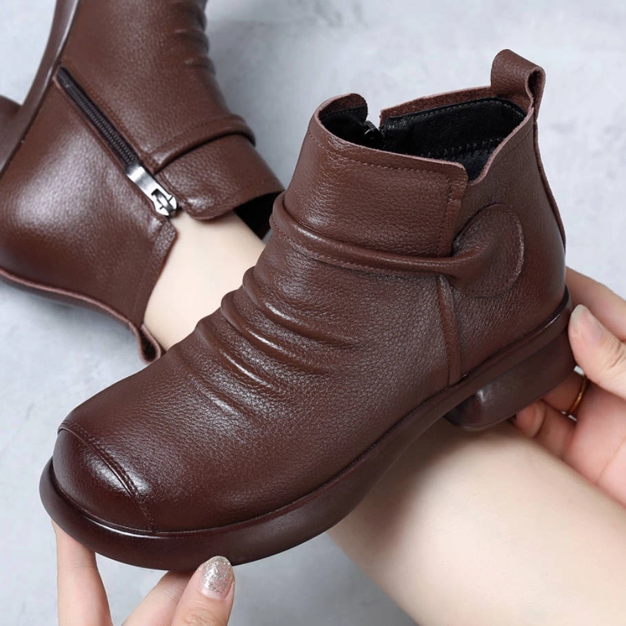daily commuters Genuine Leather Soft Sole Low Chunky  Zipper Plus Size Boots