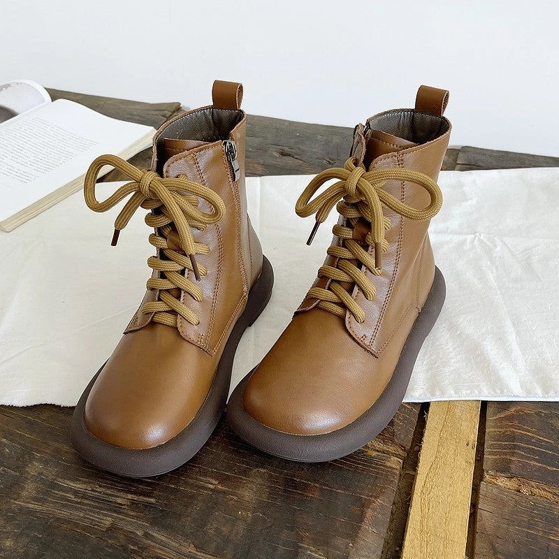 Babakud Women Autumn Retro Round Toe Leather Martin Boots Compression Molded Adventurous