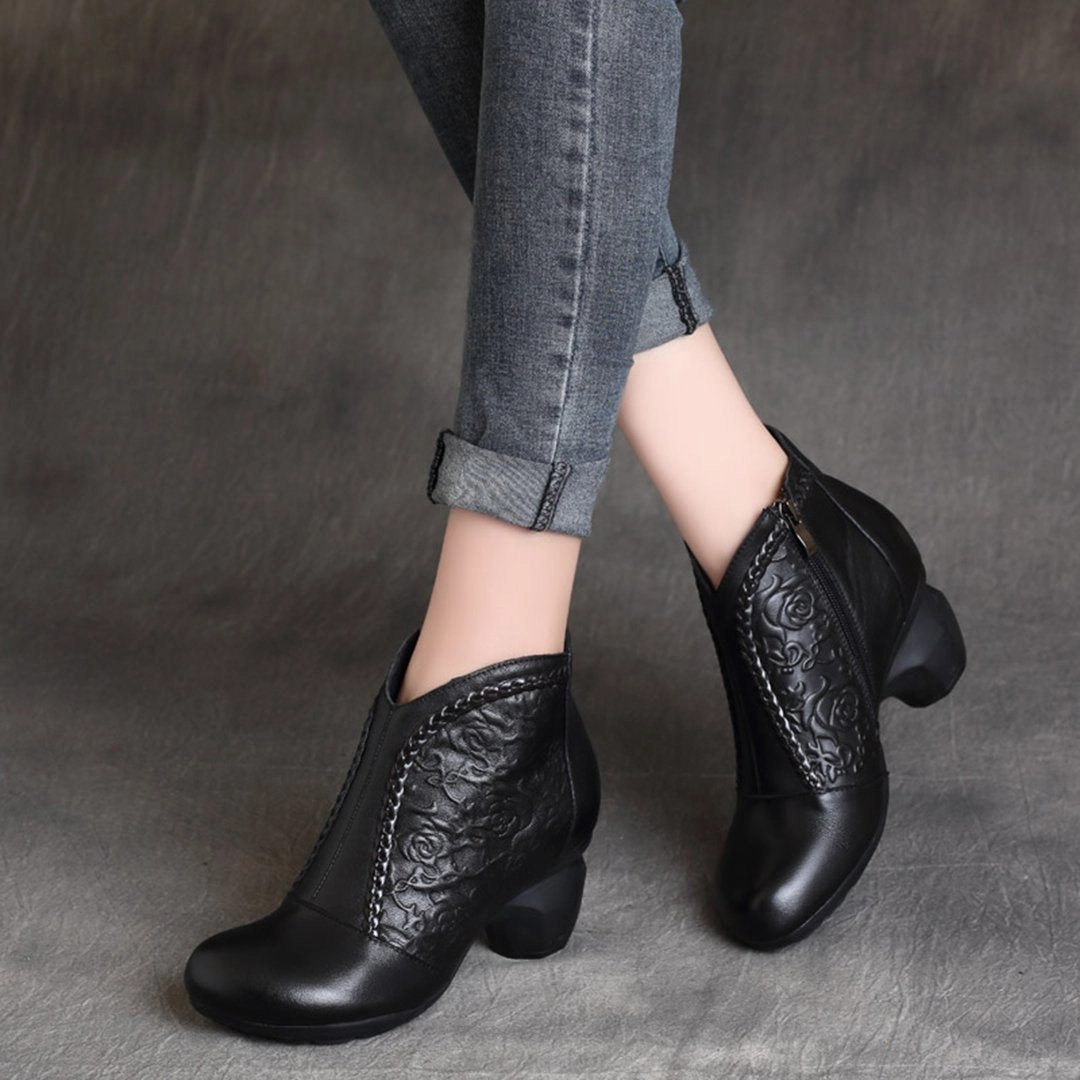 Chunky Heels Embossed Leather Biker Boots dirtiest