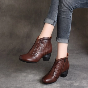 Abrasion Resistant Materials Chunky Heels Embossed Leather Biker Boots