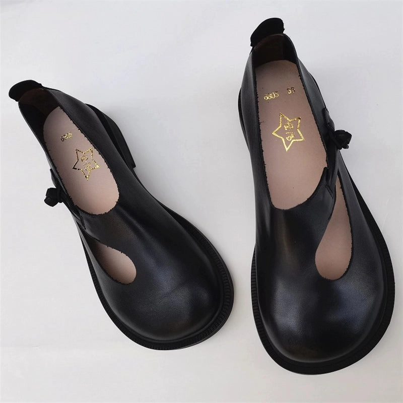 Spring Retro Leather Wide Round Toe Breathable Flats Shoes Slip On Mechanism Beach Wear