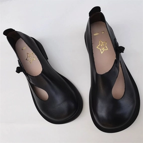 Spring Retro Leather Wide Round Toe Breathable Flats Shoes Durable tread
