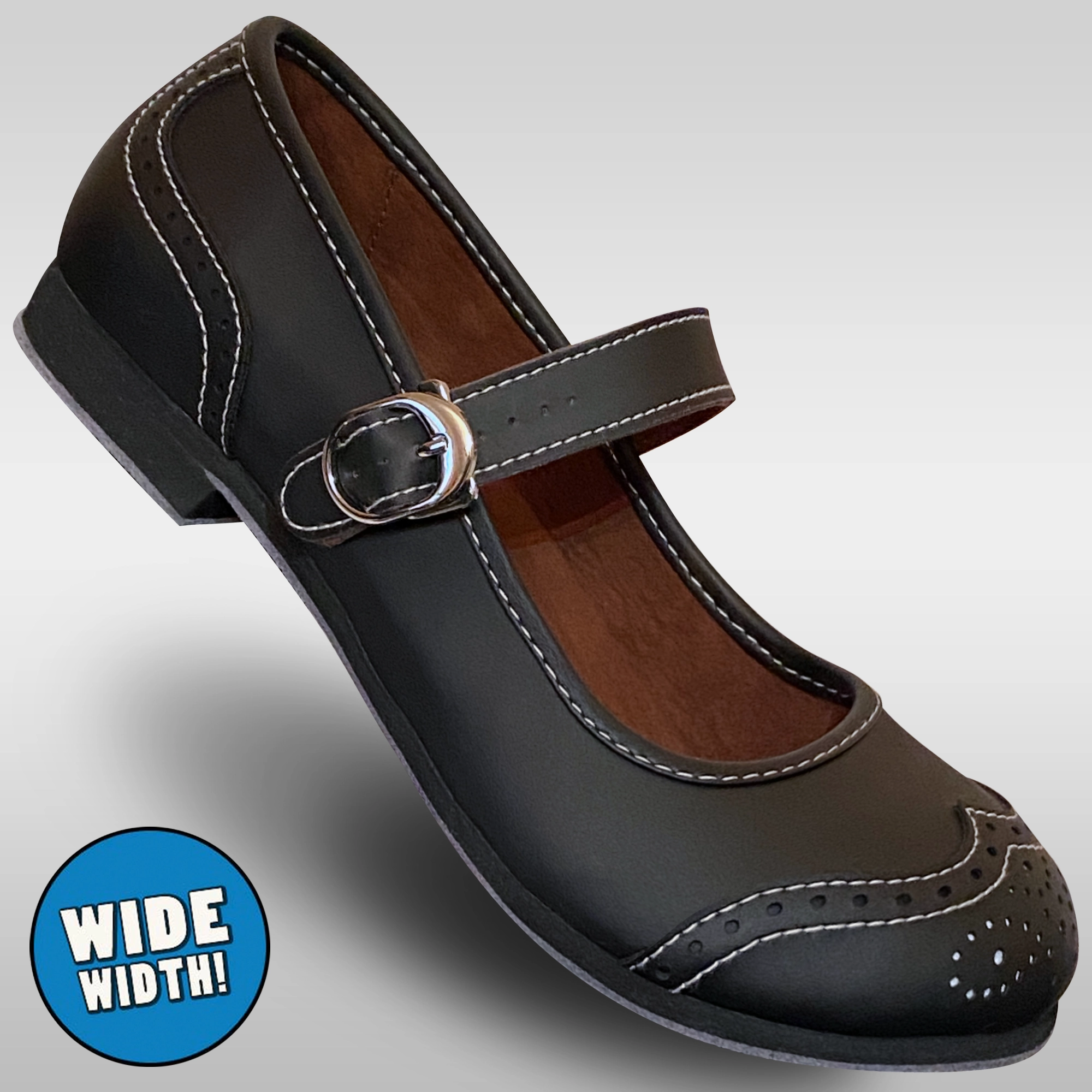 Shock Diffusing Heel Aris Allen Black Snub Toe Mary Jane Wingtips - Wide Width
