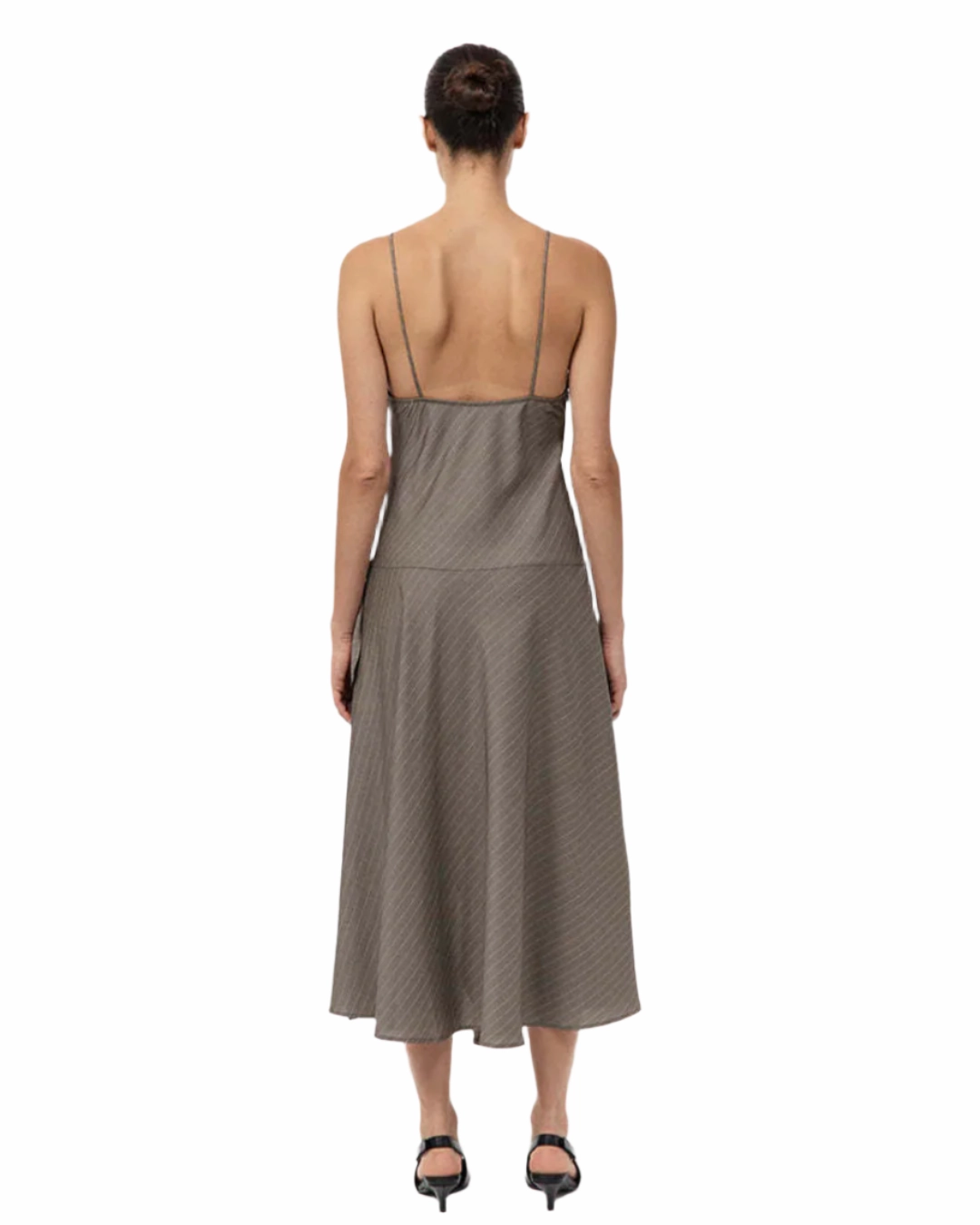 Conscious Fit Asymmetric Slip Dress in Khaki Pinstripe