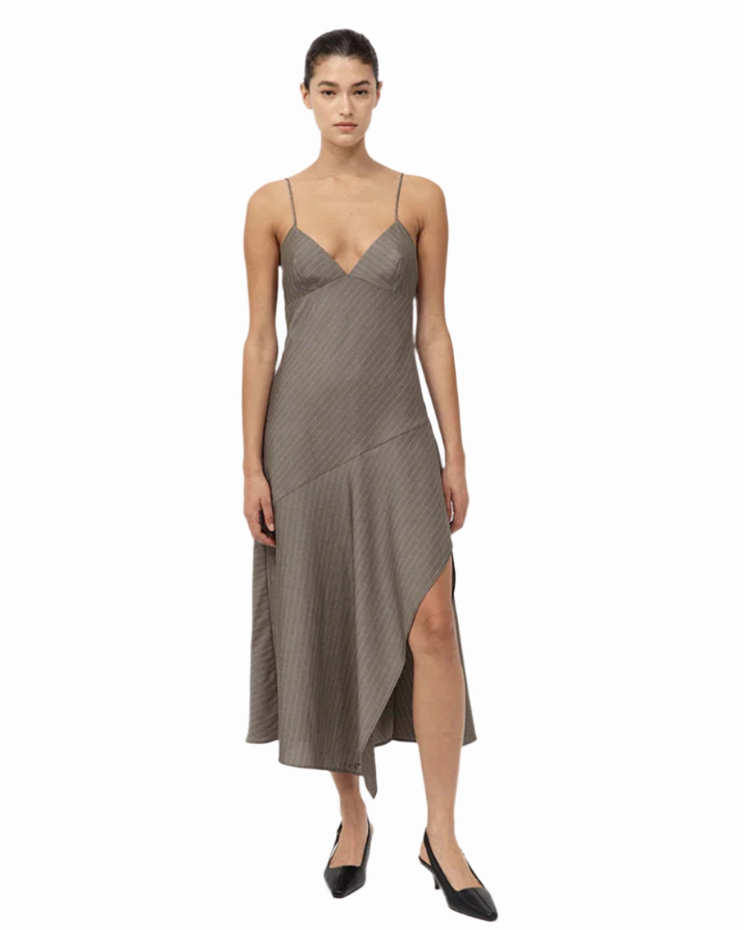 Vision Fit Placket Closure Asymmetric Slip Dress in Khaki Pinstripe
