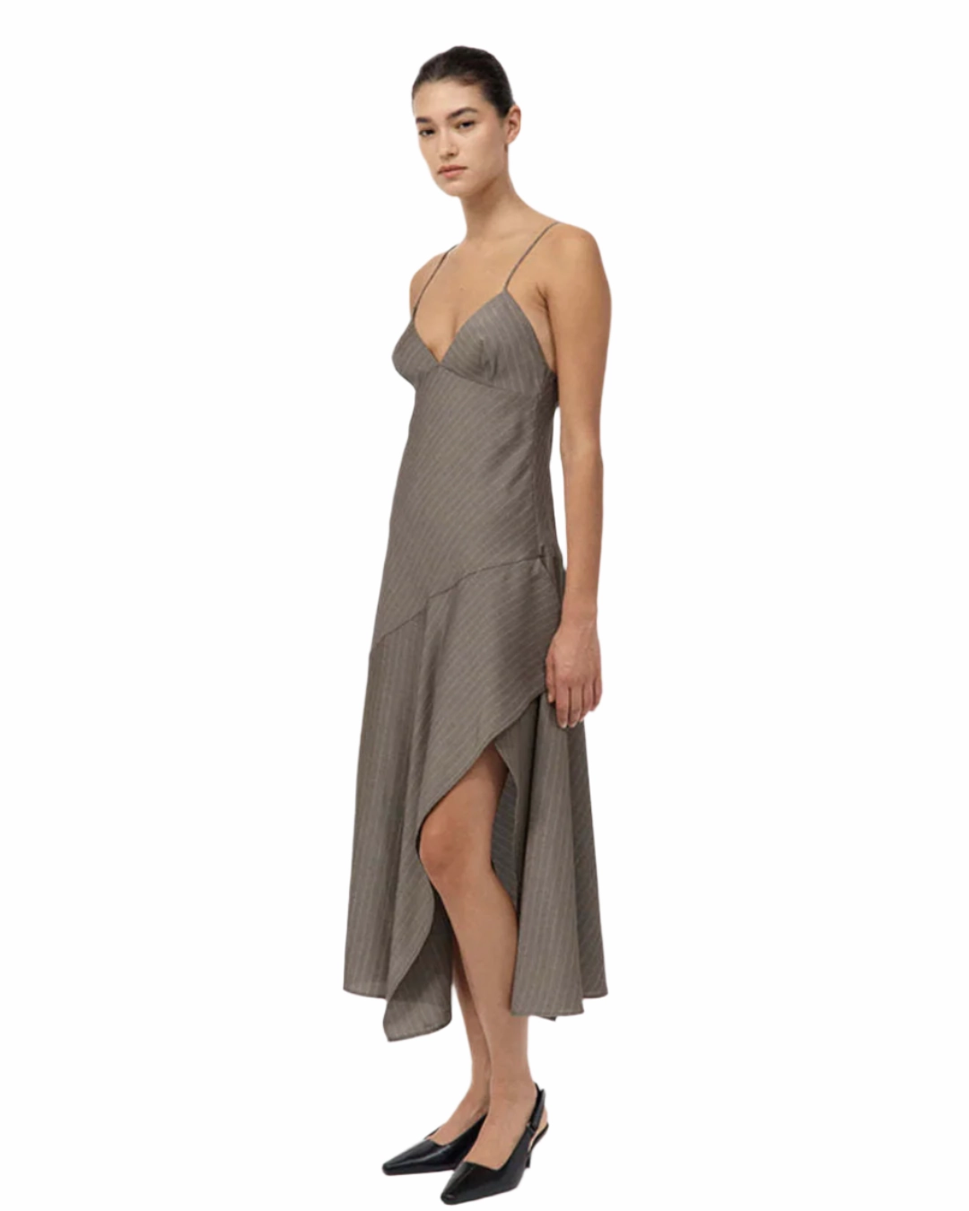 Asymmetric Slip Dress in Khaki Pinstripe Cozy Fit Free Mind