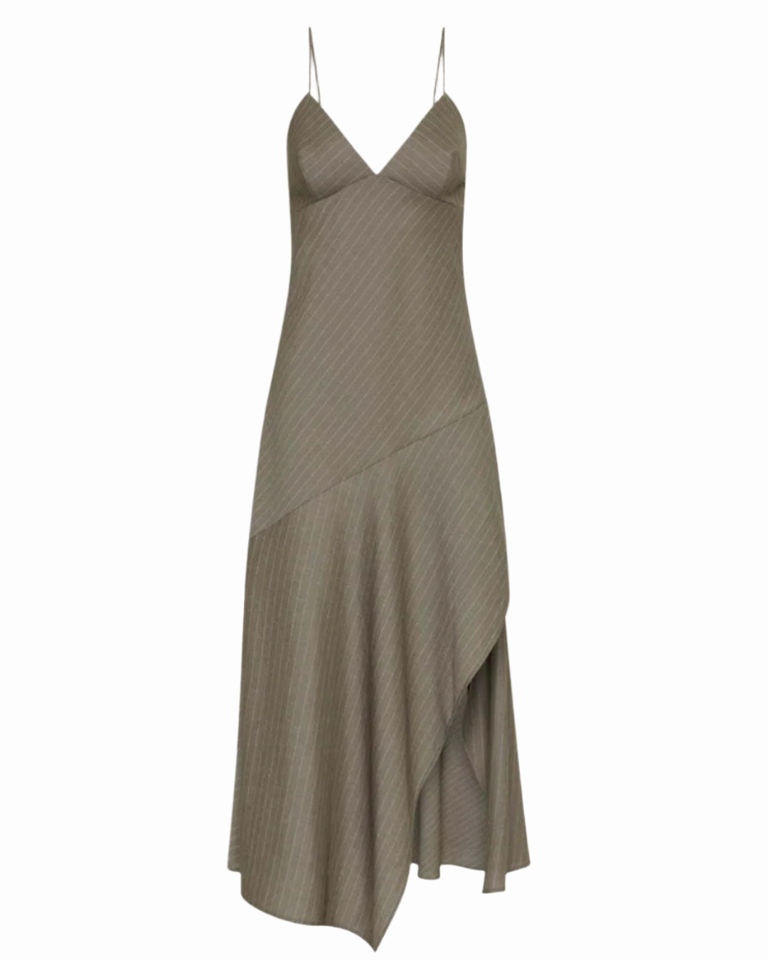 Asymmetric Slip Dress in Khaki Pinstripe Regular Fit SoftTouchLining