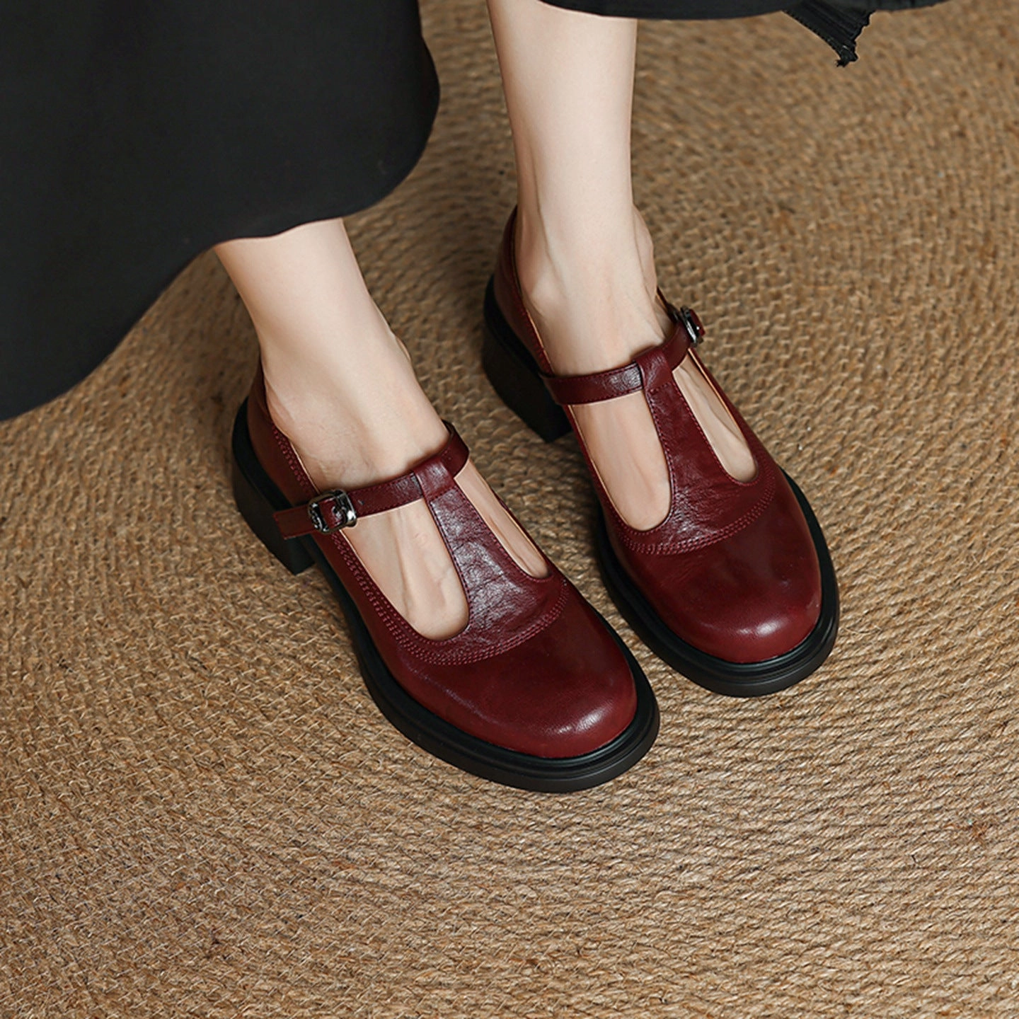 Retro Sheepskin Leather Round Toe One Straped Chunky Shoes just birthday party