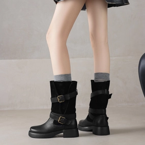 Easy performance Custom Autumn Leather Sueded Patchwork Double Buckle Slouch Boots