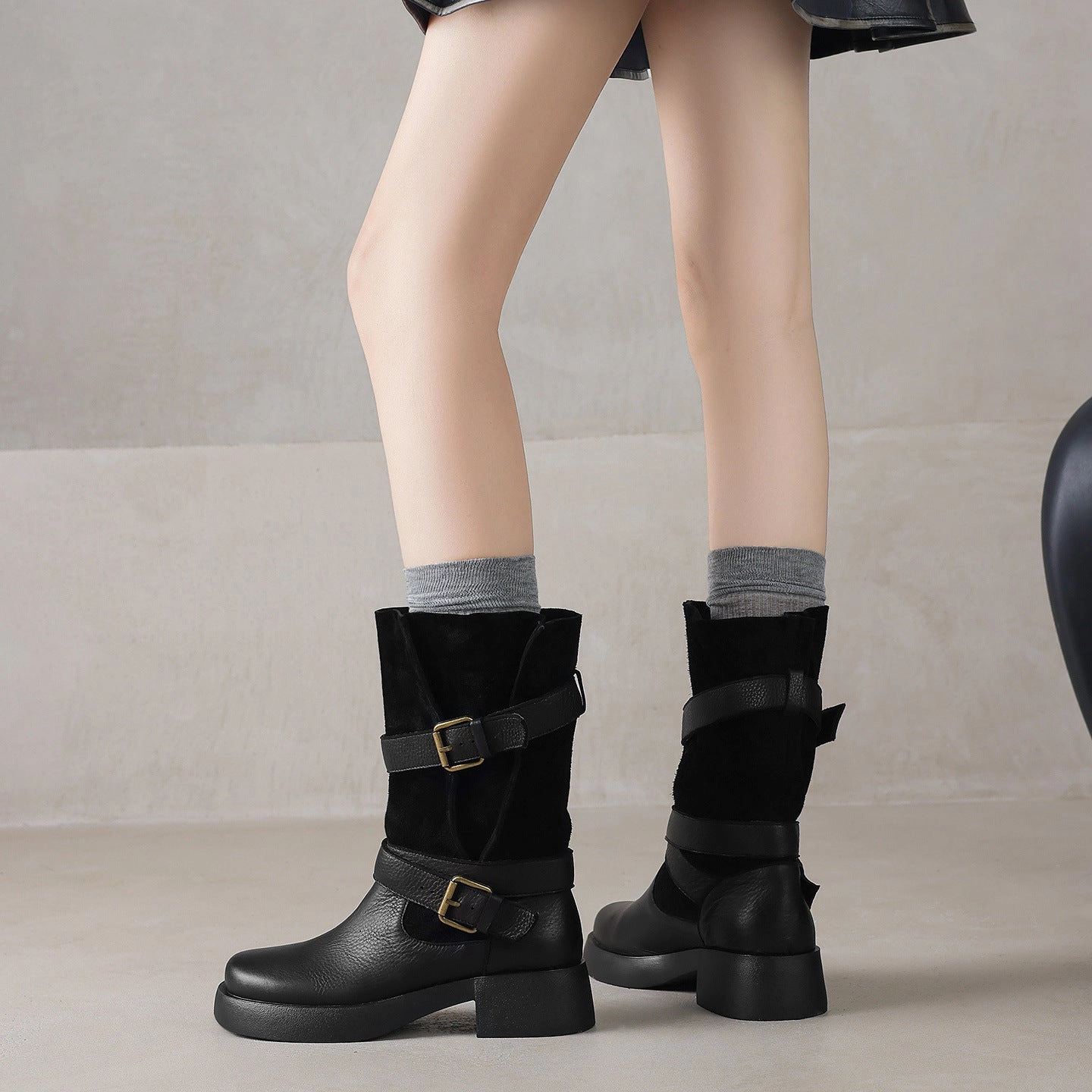 Autumn Leather Sueded Patchwork Double Buckle Slouch Boots Seamless Stitching Synthetic Leather Blend