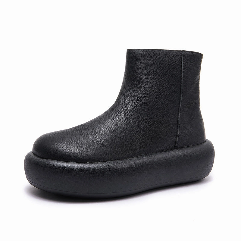 Autumn Leather Wide Round Toe Platform Zipper Ankle Boots Minimalist Footprint skiers