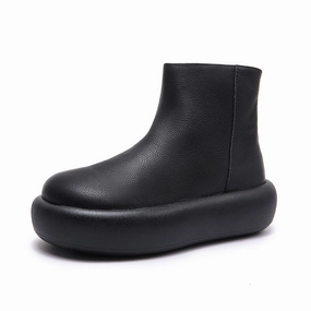 Autumn Leather Wide Round Toe Platform Zipper Ankle Boots Elastic Collar Fit