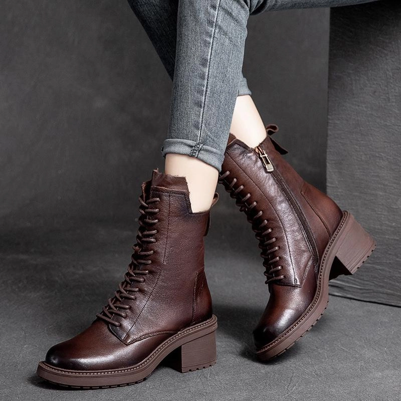 Shock Absorption Core Autumn Winter Retro Leather Casual Wedge Boots