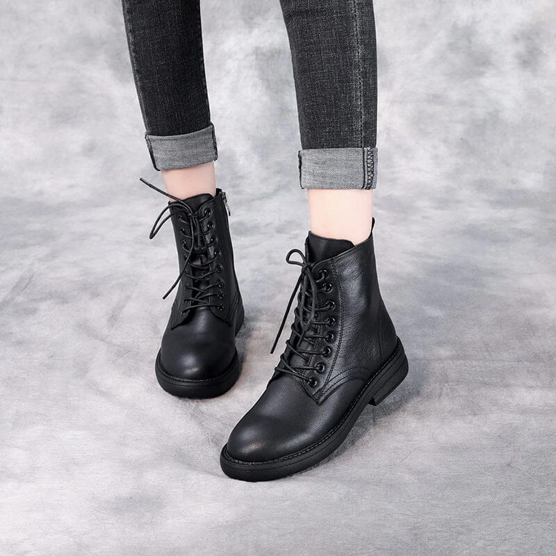 Fresh flexibility Autumn Winter Solid Retro Leather Black Boots