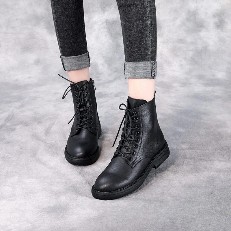 Built-In Support Autumn Winter Solid Retro Leather Black Boots