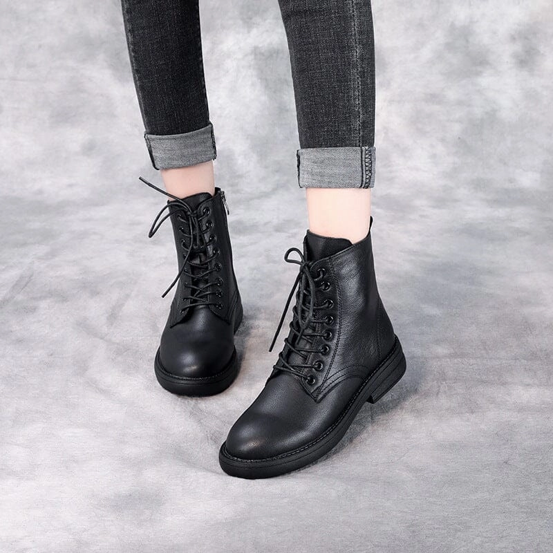 Autumn Winter Solid Retro Leather Black Boots Stitch Free Construction
