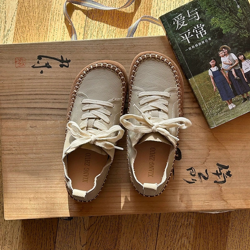 Babakud Women Spring Vintage Handmade Leather Lace-Up Shoes Handcrafted Stitching Recycled Composite Materials