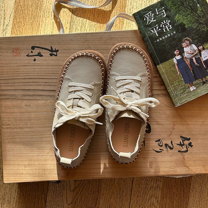 Babakud Women Spring Vintage Handmade Leather Lace-Up Shoes Abrasion resistant sunny - weather