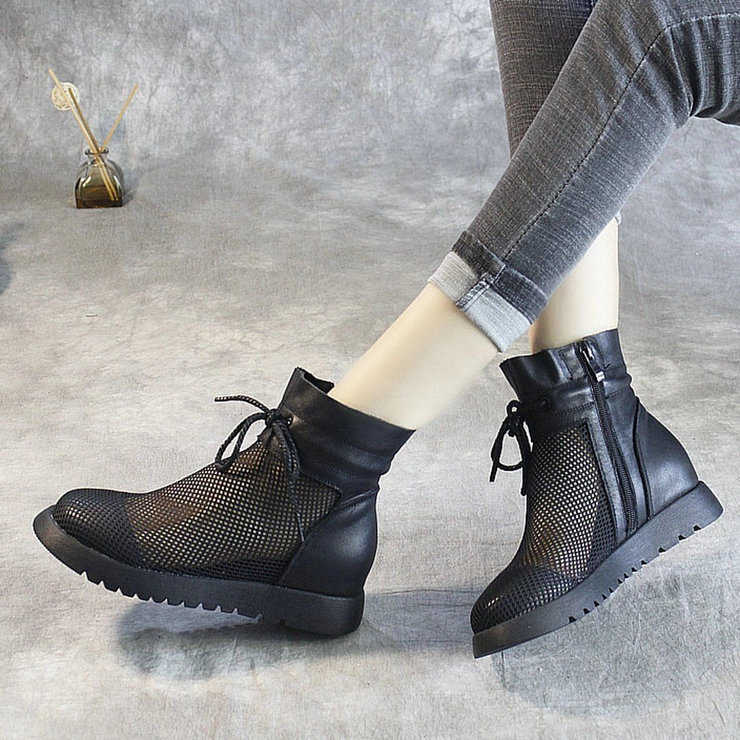Babakud Lace Up Platform Mesh Leather Ankle Boots Temperature Regulating Interior Tread Pattern