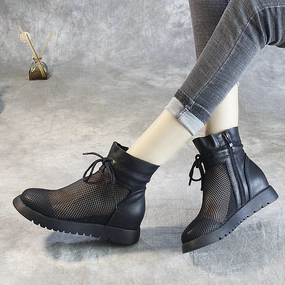 Babakud Lace Up Platform Mesh Leather Ankle Boots Temperature Regulating Interior Tread Pattern