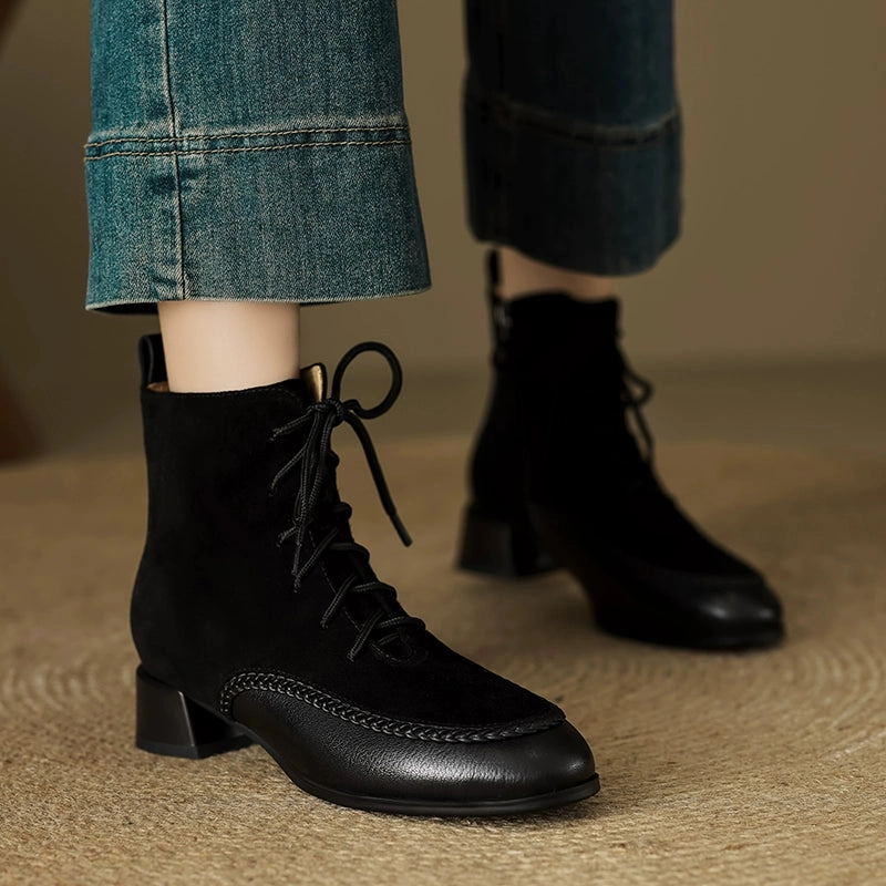 fall fashions Streamlined ease Babakud Retro Sheepskin Leather Sueded Chunky Boots