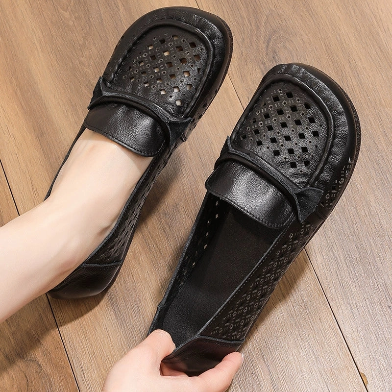 Red Babakud Summer Genuine Leather Soft Sole Hollow Out Flats Shoes