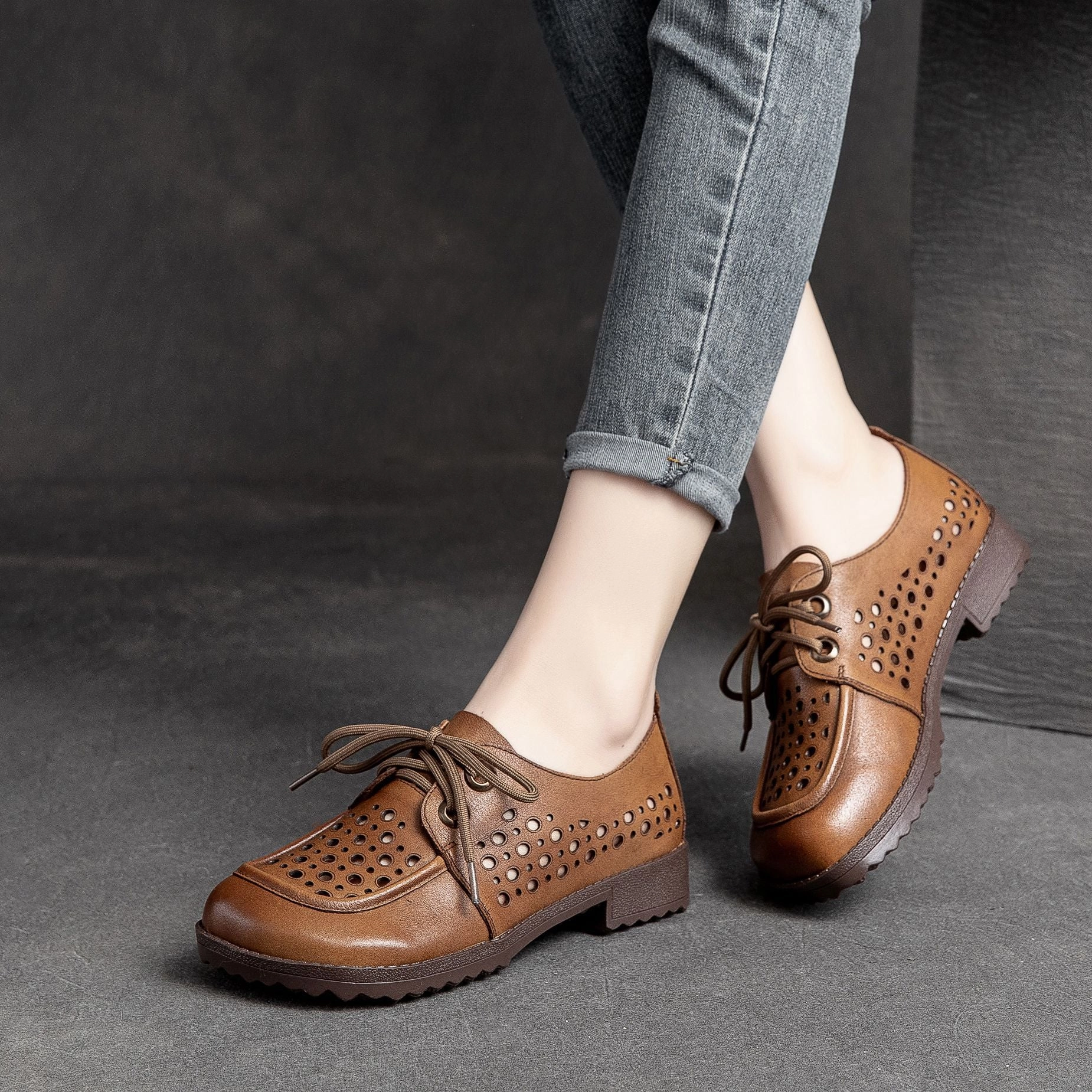 Babakud Summer Leather Casual Hollow Versatile Lace Up Flats subtle - patterns