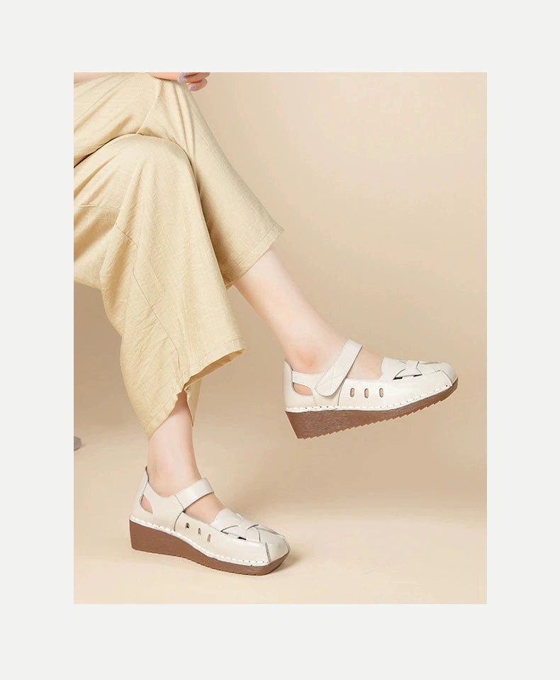 Air Circulation System Babakud Vintage Leather Closed Toe Soft Sole Platform Cut Out Sandals