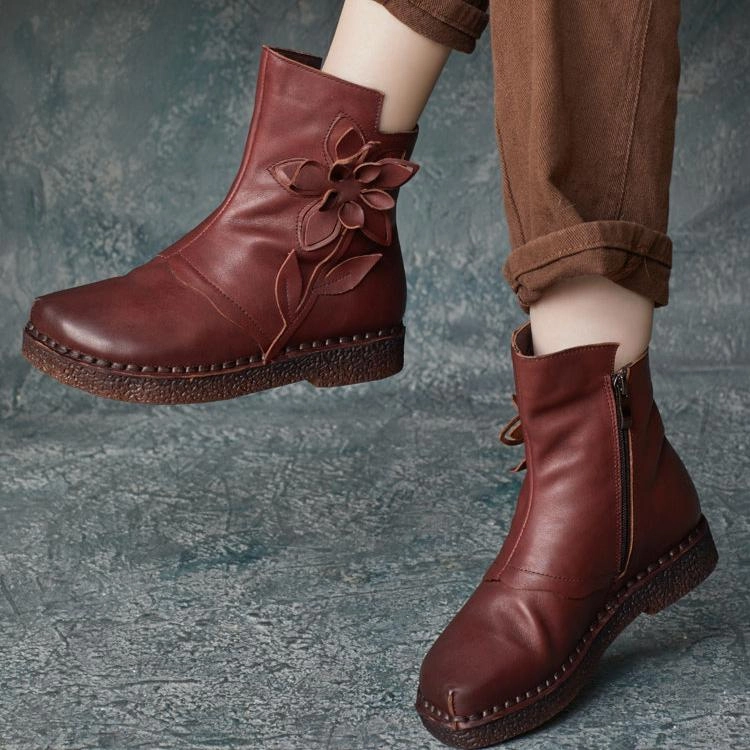 Non Toxic Materials Babakud Women Autumn Retro Genuine Leather Flower Flats Short Boots