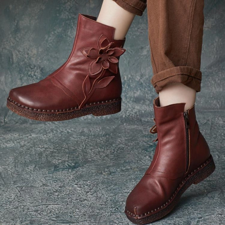 Babakud Women Autumn Retro Genuine Leather Flower Flats Short Boots Secure Sole