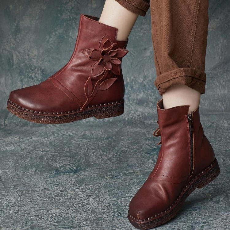 Babakud Women Autumn Retro Genuine Leather Flower Flats Short Boots rainy - day shoes