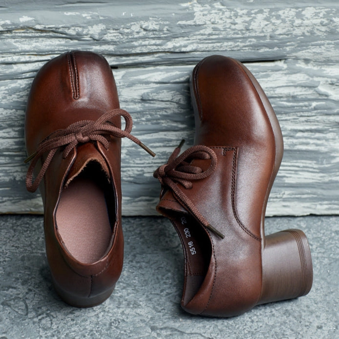 Stain-Resistant Stabilizing Heel Cup Babakud Women Spring Handmade Leather Chunky Heels Lace-Up Shoes