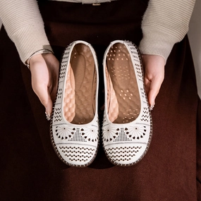 Babakud Women Spring Retro Genuine Leather Hollow Ballet Flats mid - top snowboarders' control