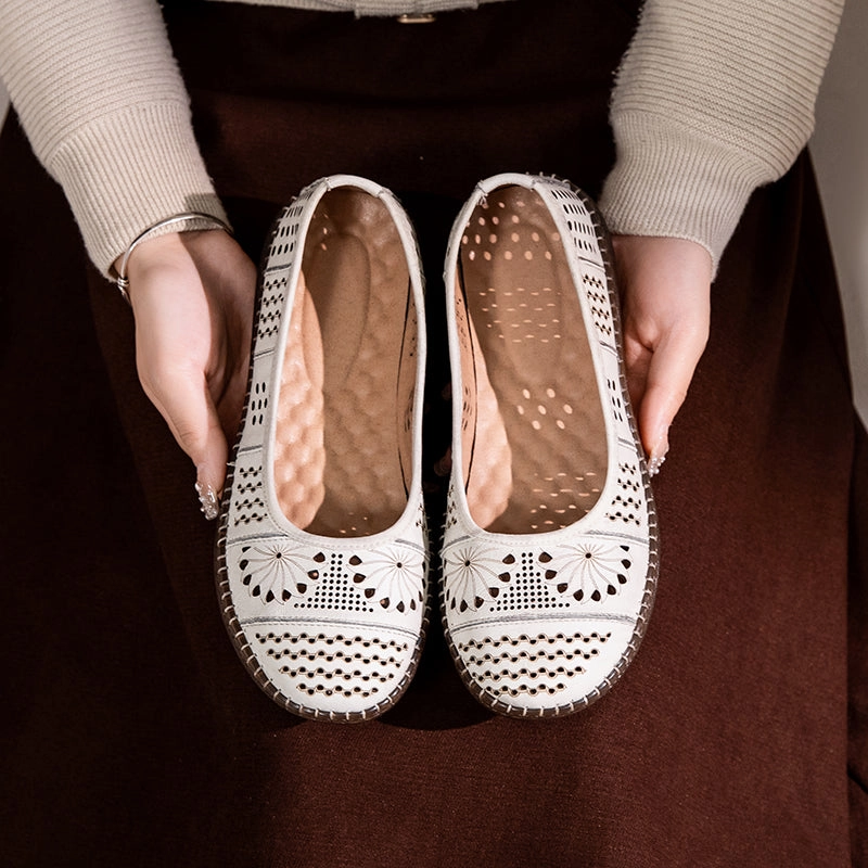 Babakud Women Spring Retro Genuine Leather Hollow Ballet Flats mid - top snowboarders' control