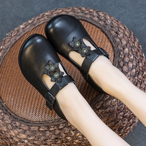 Babakud Women Spring Retro Leather Floral Chunky Heel Sandals with Velcro Strap Footbed Contouring Anti Static Materials