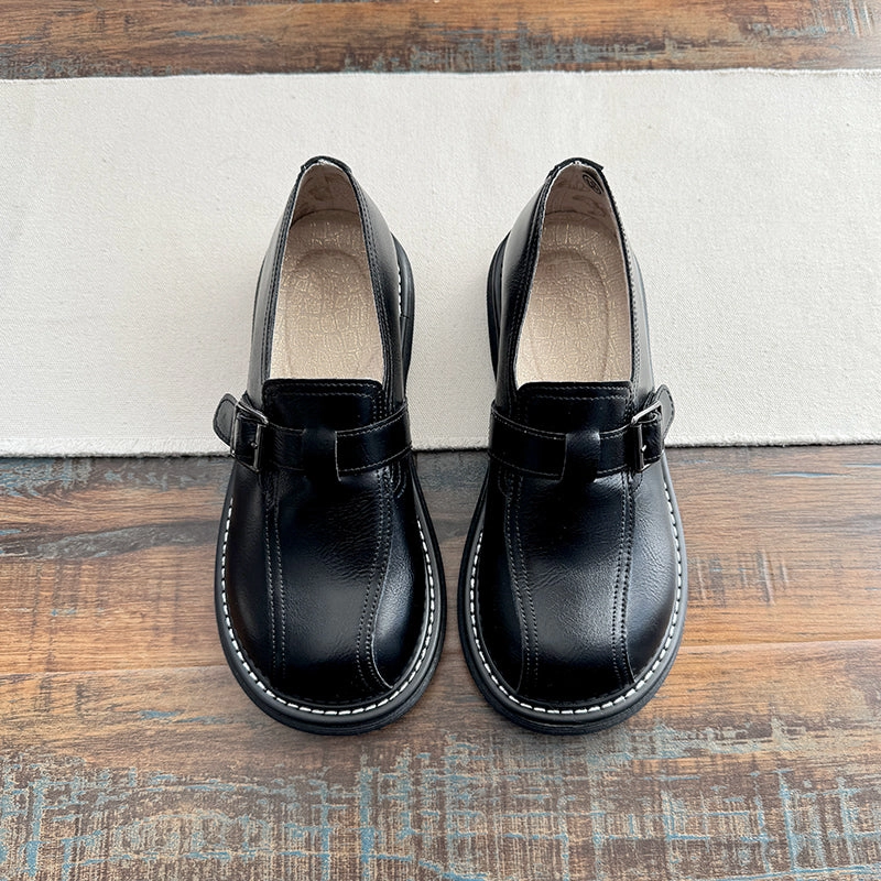 Babakud Women Spring Retro Leather Round Toe Buckle Loafers winter necessities